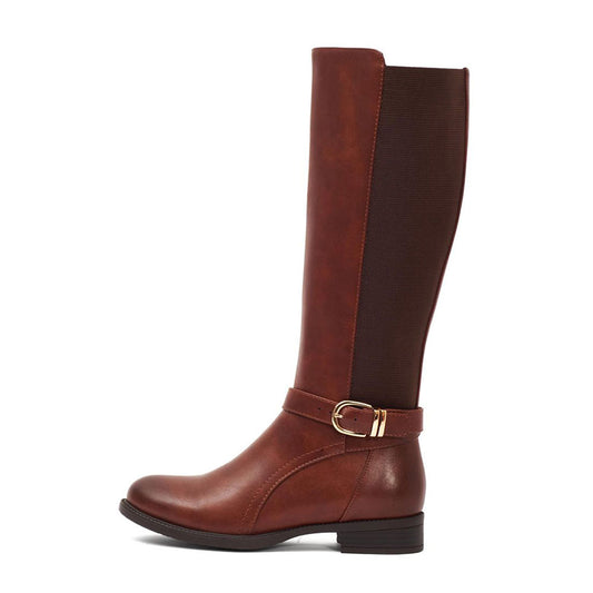 Chic Maroon Round Toe Buckled Strap Knee High Boots with Block Heel