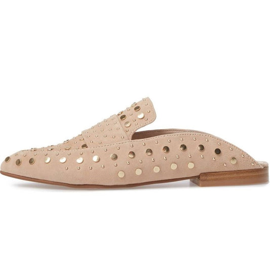 Nude Vegan Suede Pointed Toe Studded Flat Mule Loafers