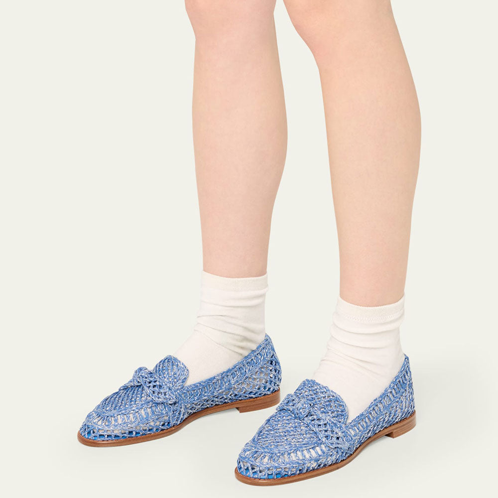 Blue Braided Raffia Round Toe Flat Women's Loafers with Knotted Bow