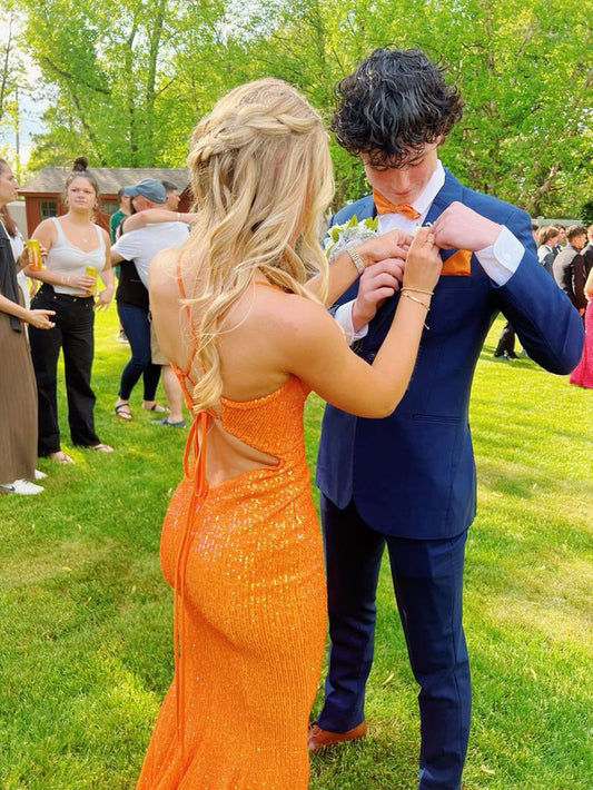 Orange Mermaid Sequins Long Prom Dress Gowns Dresses Elegant