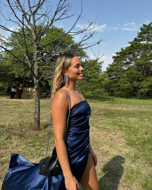 Strapless Navy Blue Prom Dress Formal Party Dresses with Slit