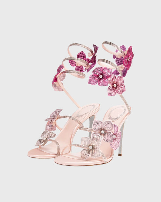 Elisa Flower Embellished Snake Sandals In Pink