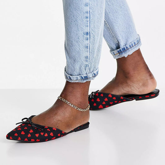 Black & Red Heart Print Shoes Women's Pointed Toe Flat Mules