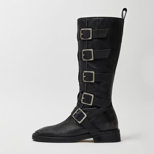 Black Square Toe Multi Buckle Straps Flat Mid Calf Boots with Zipper
