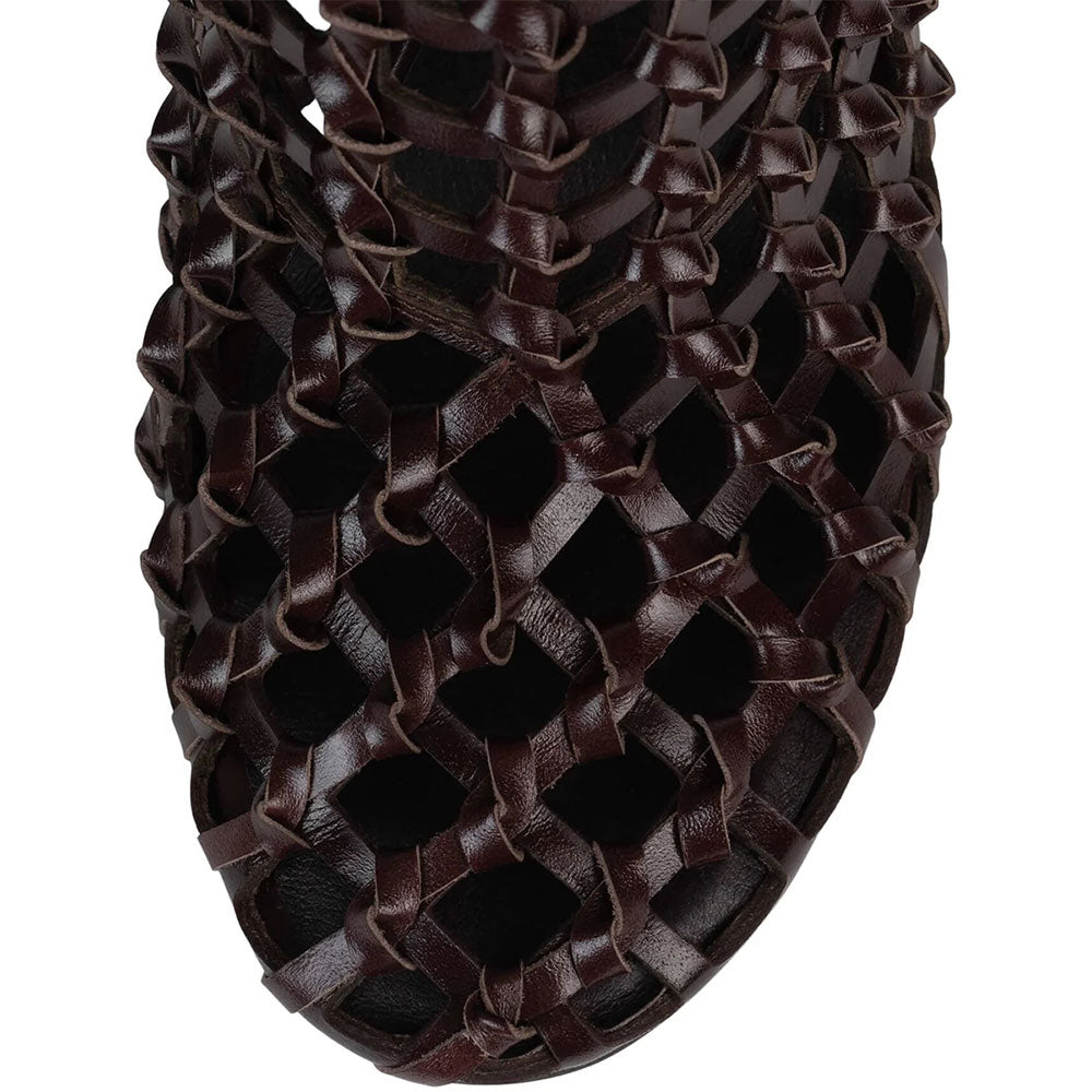 Brown Woven Detail Round Toe Heeled Buckle Stylish Boots for Ladies