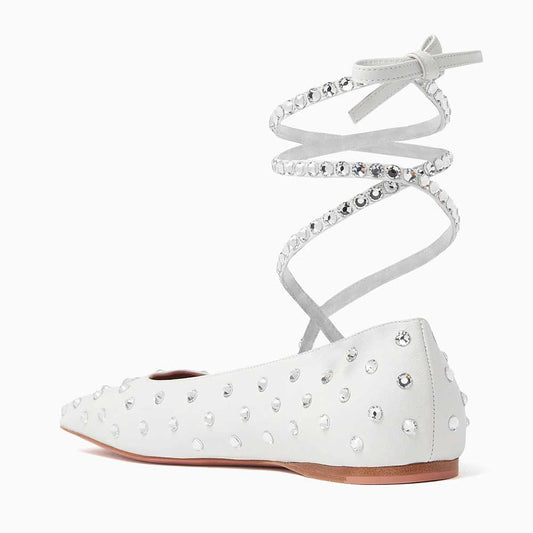 Square Toe Crystal Embellished Lace-Up Women's Dress Flats in White