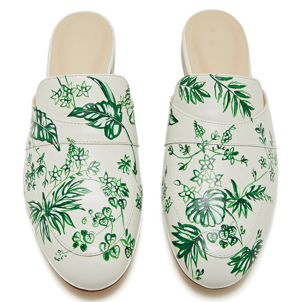 White Floral Print Flat Mules Loafers for Women