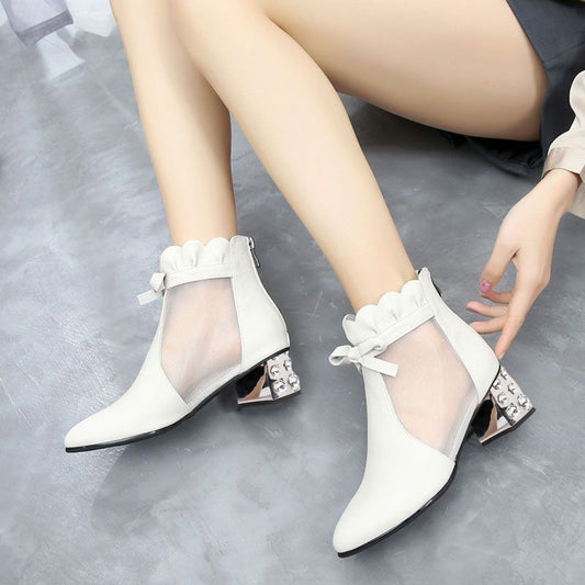 White Mesh Closed Toe Decorative Heel Ankle Boots with Bow