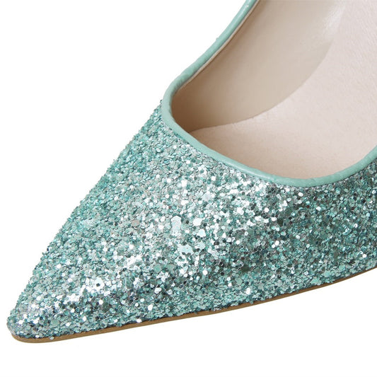 Women's Turquoise Glitter Pointed Toe Stiletto Heels Sparkly Pumps