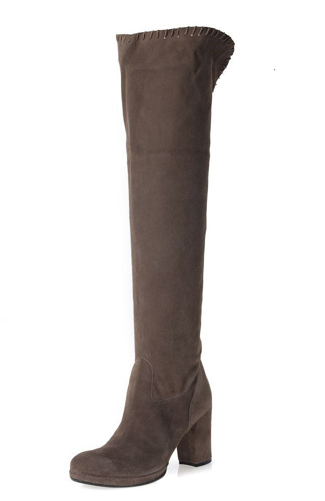 Dark Brown Vegan Suede Round Toe Block Heel Knee High Boots