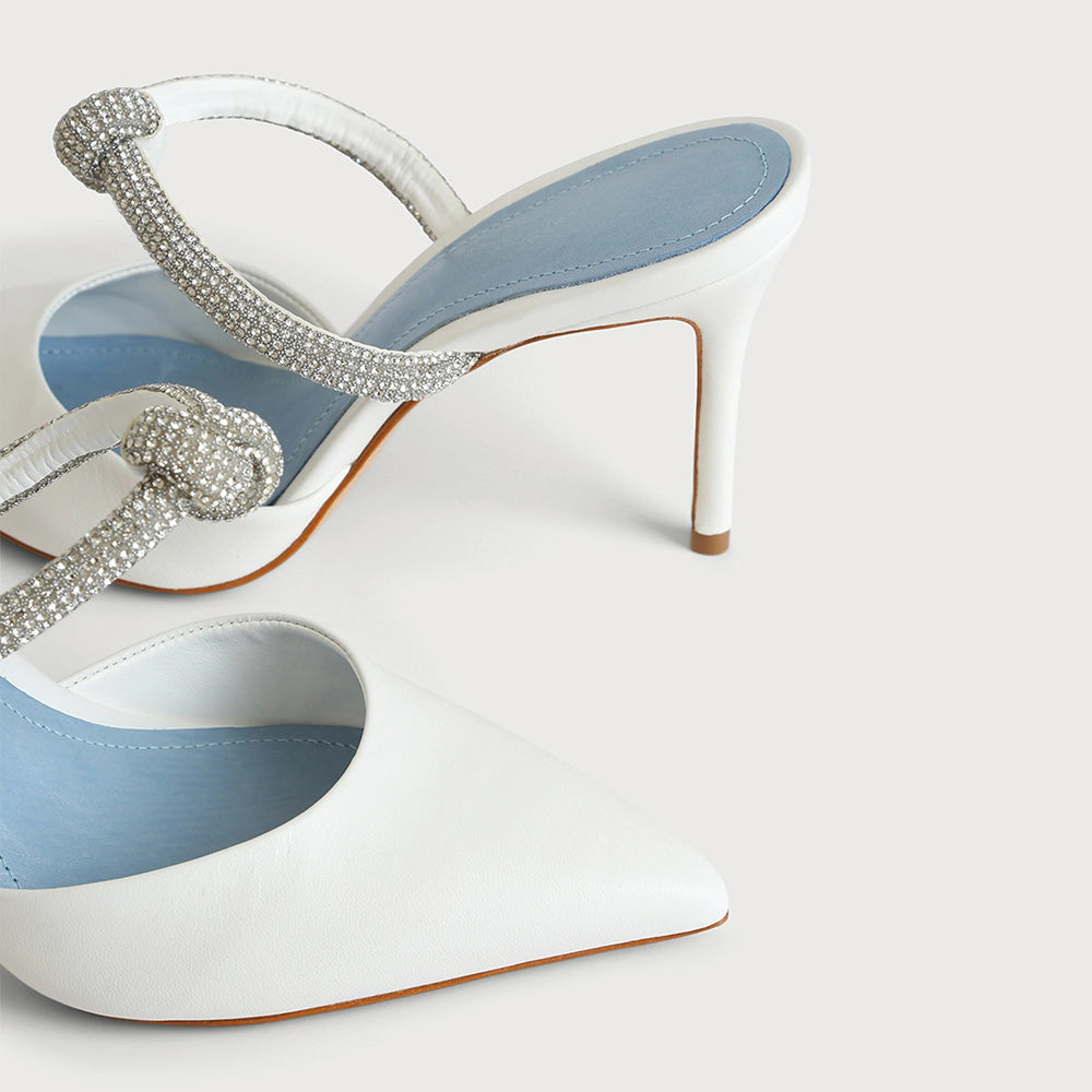 White Pointy Toe Stiletto High Heel Mules with Rhinestone Strap