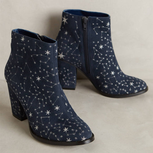 Navy Constellation Pattern Embroidered Chunky Heel Ankle Boots