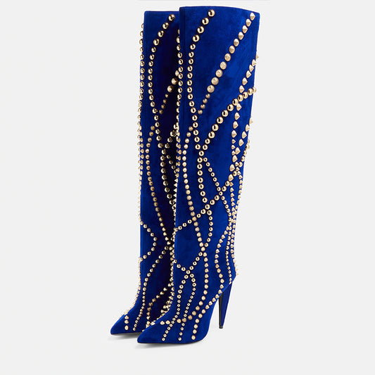 Blue Pointed Toe High Heel Studs Knee High Boots