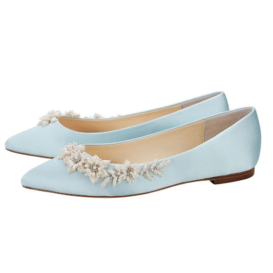 Blue Satin Pointed Toe Pearl Floral Embellished Wedding Flats