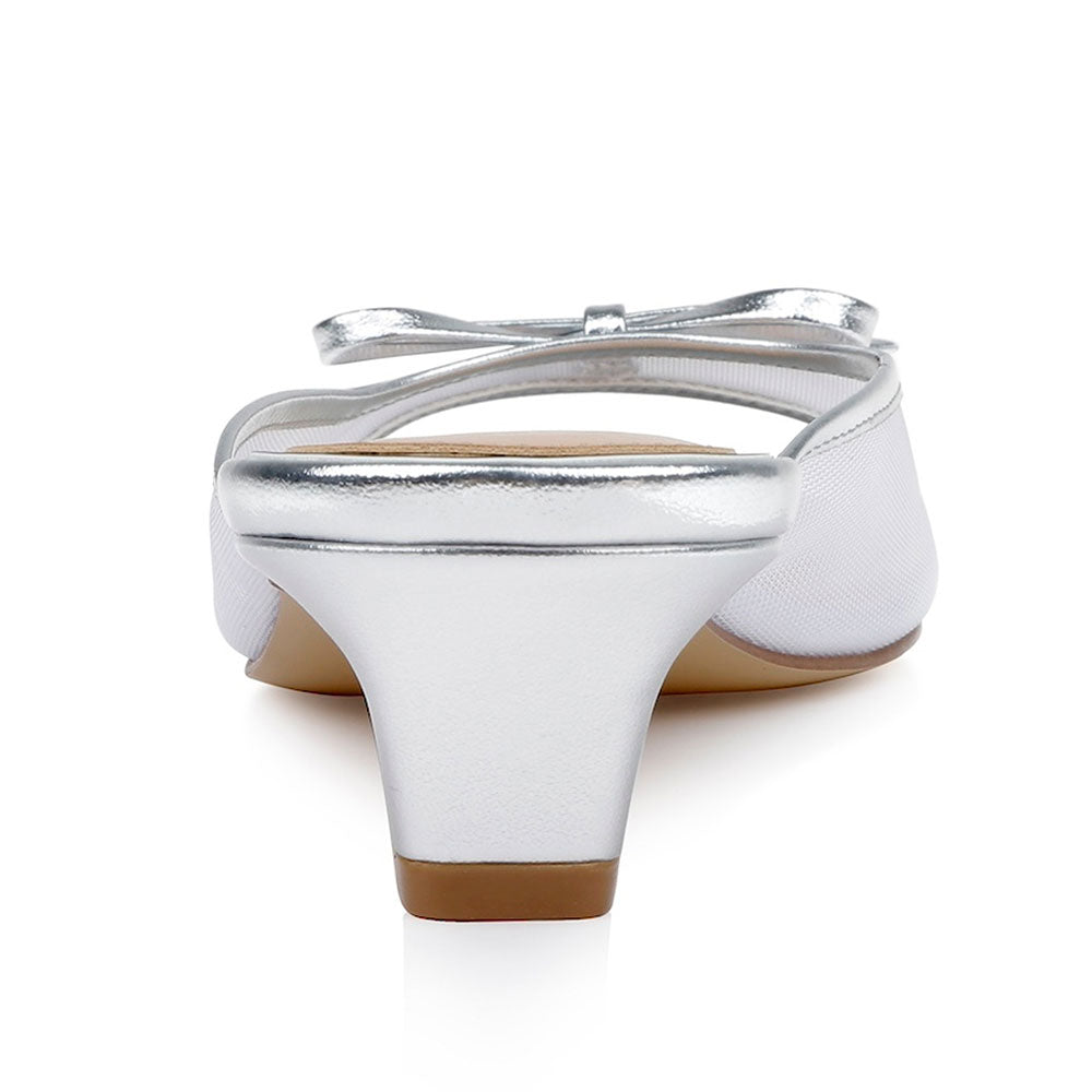 Women's Classy Silver Mesh Open Square Toe Bow Decor Mule Heels