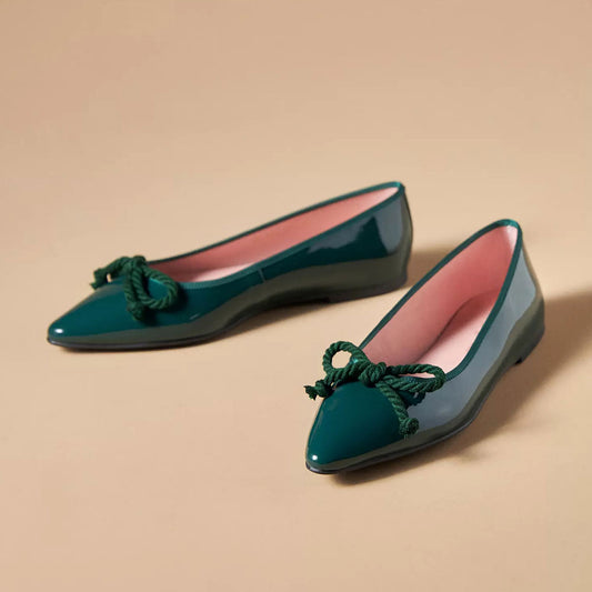 Green Patent Leather Pointed Toe Formal Flats with Bow