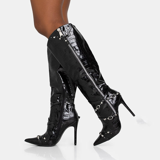 Black Pointed Toe Stiletto Heel Patent Leather Knee High Boots