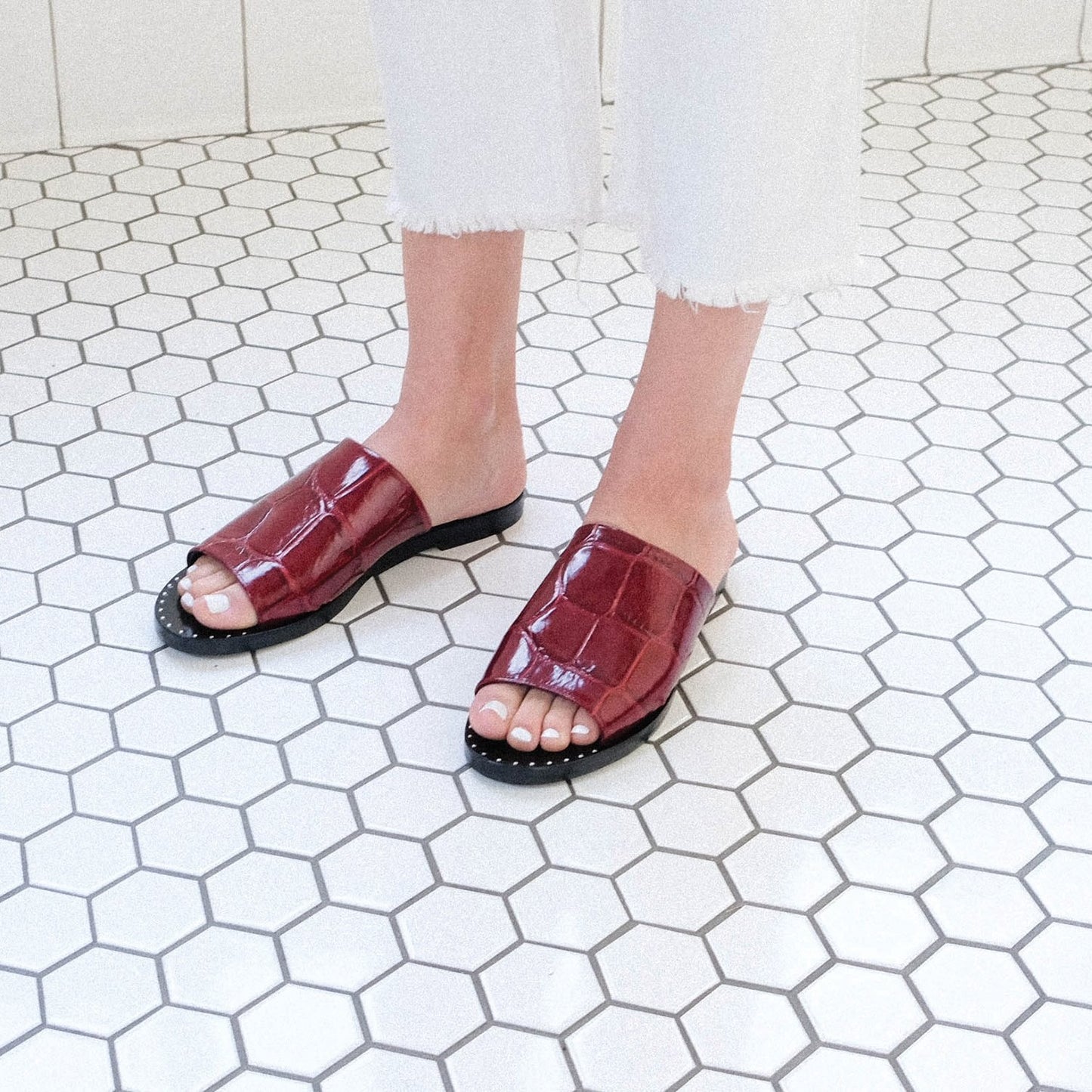 Burgundy Croco Embossed Flats Open-Toe Studded Women's Slide Sandals