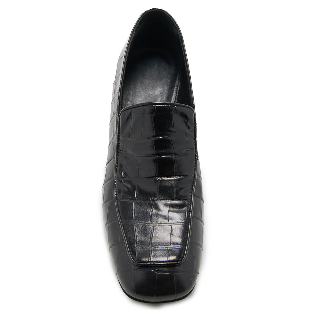 Black Croco Embossed Square Toe Block Heeled Loafers for Women