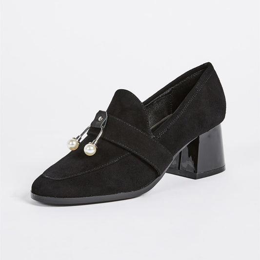 Black Vegan Suede Round Toe Pearl Block Heel Women's Loafers