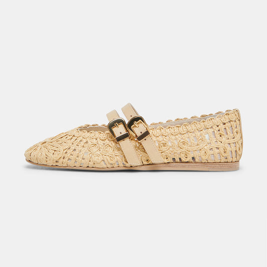 Beige Raffia Woven Round Toe Double Buckle Flat Shoes for Women