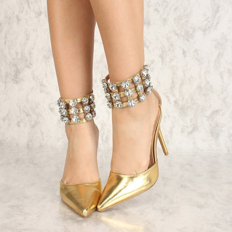 Women's Pointed Toe Rhinestone Ankle Cuff Stiletto Heel Gold Pumps