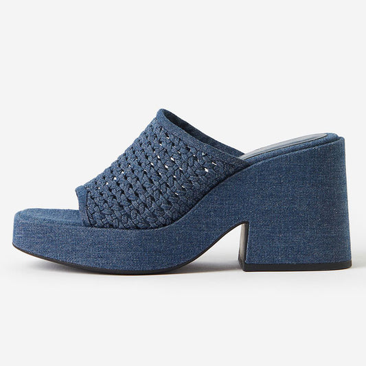 Denim Blue Square Toe Woven Vamp Slide Sandals with Platform