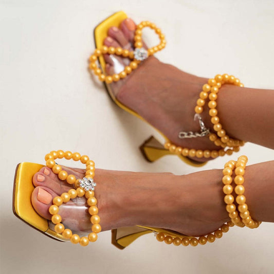 Yellow Pearl Shoes Square Toe Sandals Women's Transparent Strap Bow Heels