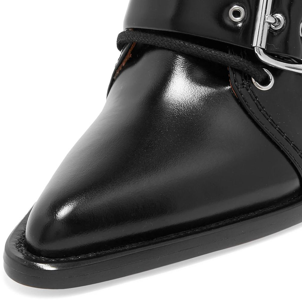 Black Gladiator Lace-Up Buckle Strap Pointed Toe Cut-Out Ankle Boots