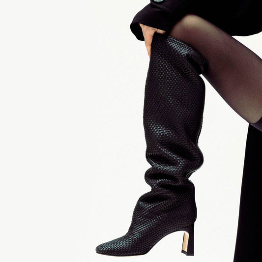Black Woven Round Toe Chunky Heel Slouchy Knee High Boots