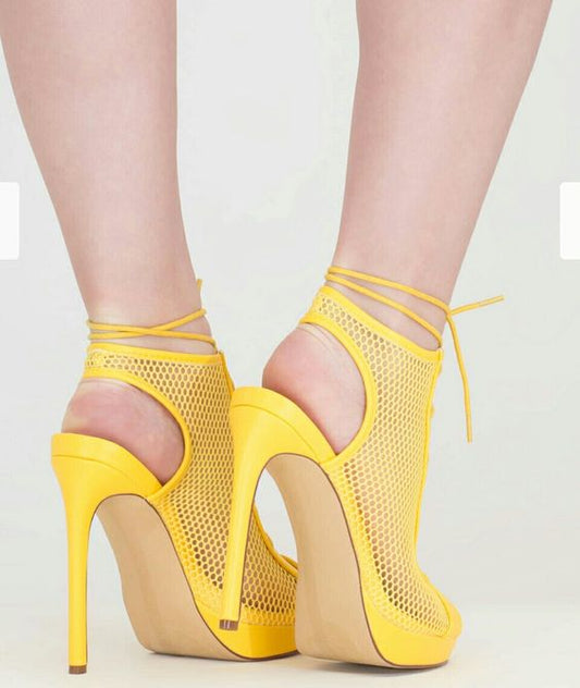Yellow Mesh Platform Ankle Boots Hollow Out Slingback Lace-Up Sandals