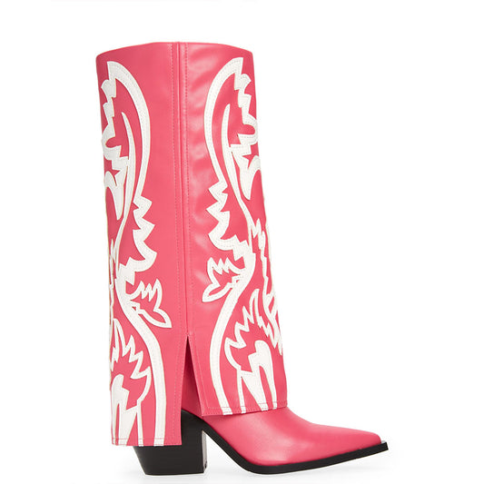 FSJ Hot Pink Chunky Heel Below The Knee Western Fold Over Boots