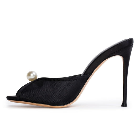 voyabags Black Mesh Pearl Peep Toe Elegant High Heel Mules