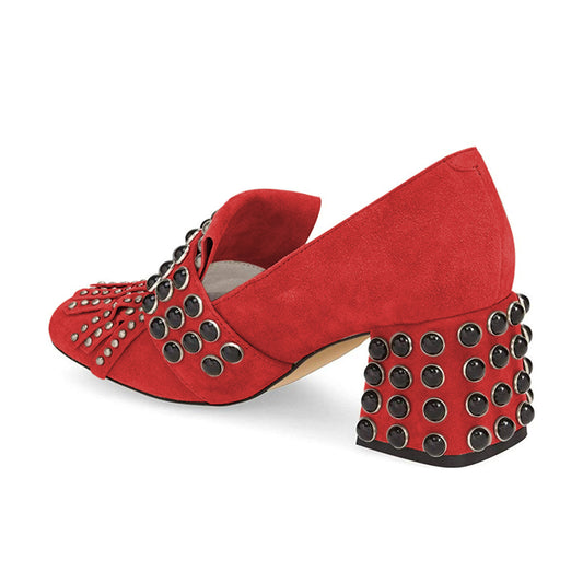 Women's Red Vegan Suede Square Toe Studded Fringe Heeled Loafers