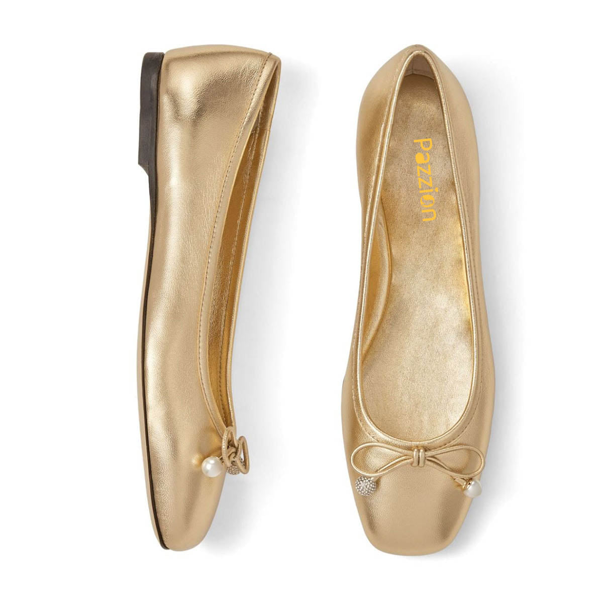 Gold Pearl Rhinestone Bowknot Square Toe Slip-On Ballet Flats