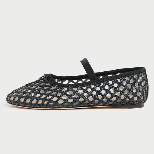 Black Fishnet Round Toe Flat Woven Bow Inlay Ballet Shoes for Women