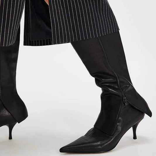 Fashion Pointed Toe Kitten Heel Fold-Over Knee High Boots in Black