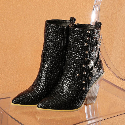 Black Croco Embossed Booties Studded Star Chunky Heel Cowgirl Boots
