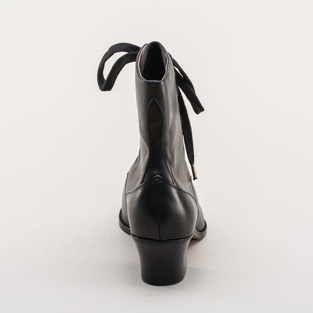 Black Lace-Up Chunky Heel Ankle Boots for Women with Almond Toe