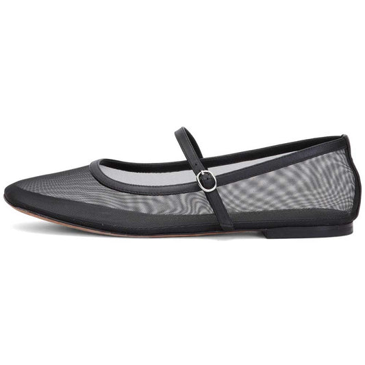 Black Mesh Round Toe Strap Comfortable Ballet Flats for Women
