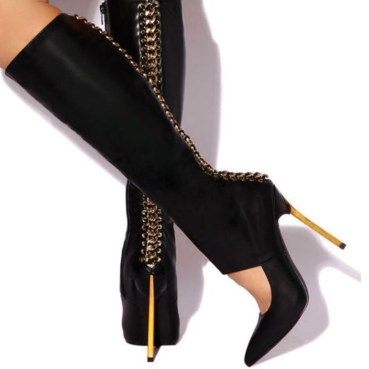 Black Sexy Cut Out Stiletto Heel Knee High Boots with Metal Chains