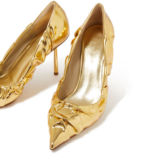 Metallic Gold Party Stiletto Heels Pointed Toe Ruched Pumps Shoes