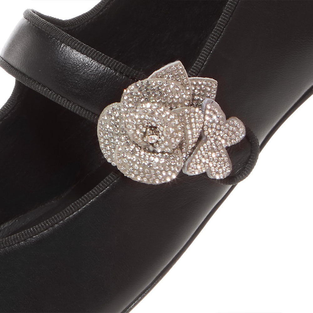 Black Square Toe Rhinestone Flower Strap Women's Dress Flats