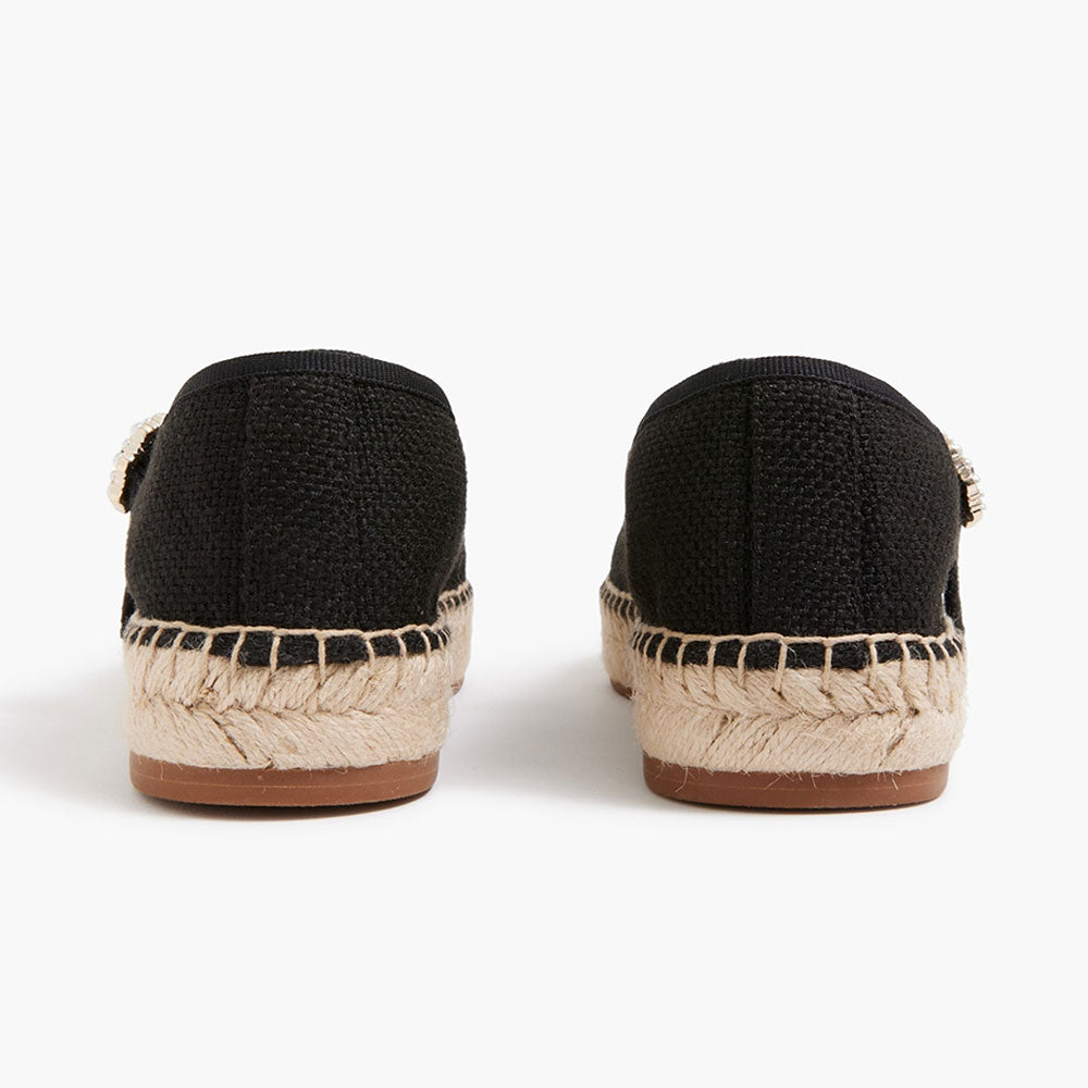 Women's Black Round Toe Pearl Buckle Espadrille Mary Jane flats