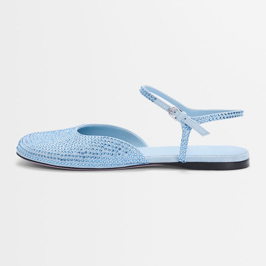 Light Blue Closed-Toe Rhinestone Embellished Ankle Strap Flats