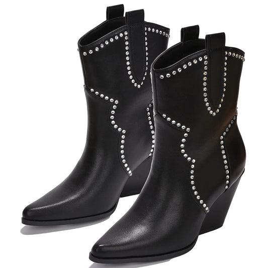 Black Closed Toe Chunky Heel Western Ankle Boots