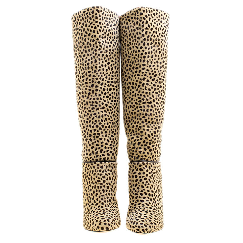 Khaki Leopard Print Stiletto Heels Round Toe Knee High Boots