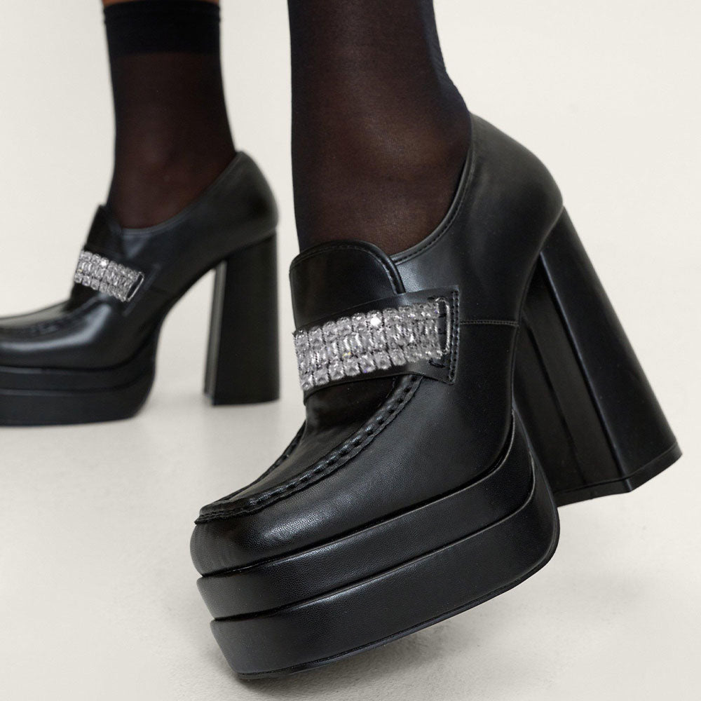 Black Square-Toe Crystal Strap Chunky Heel Platform Loafers