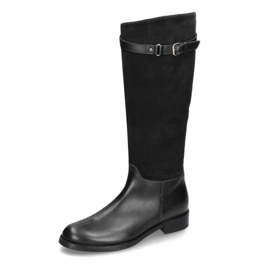 Black Patchwork Buckle Strap Round Toe Flat Knee High Boots for Women