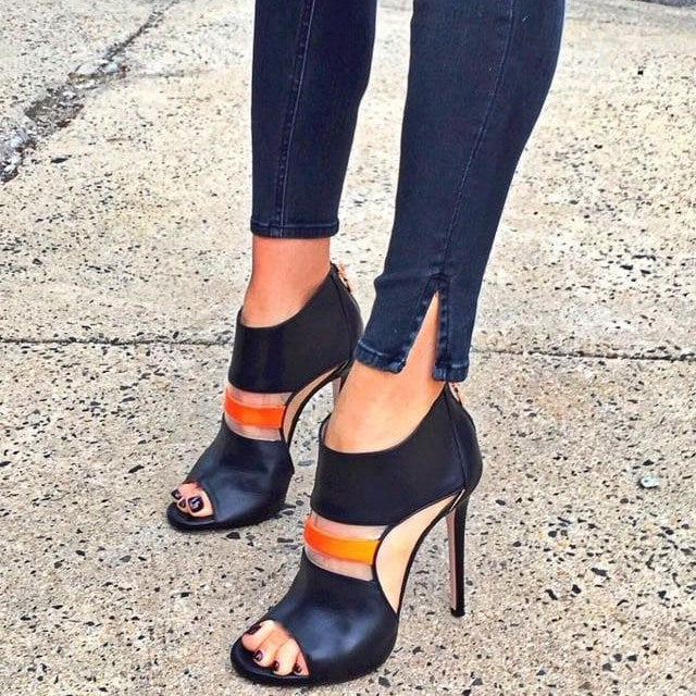 Black Cut Out Peep Toe Stiletto Heel Ankle Boots